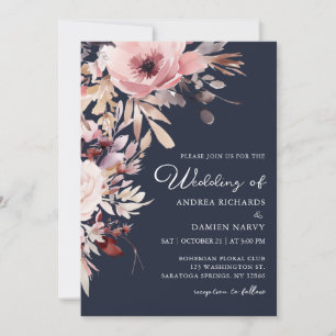 Convite Casamento Floral Rosa Bege Azul Poeira Aquarela