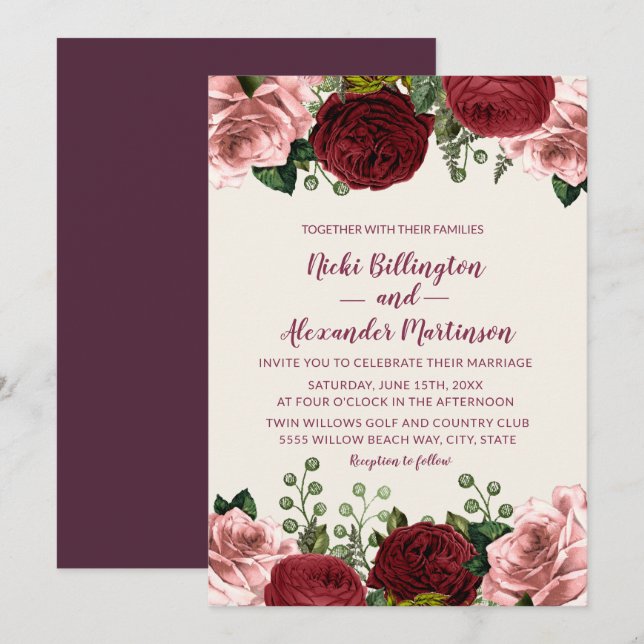 Convite Casamento Floral Rosa Bege Borgonha Romântico (Frente/Verso)