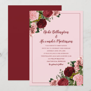 Convite Casamento Floral Rosa Bege Borgonha Rústico