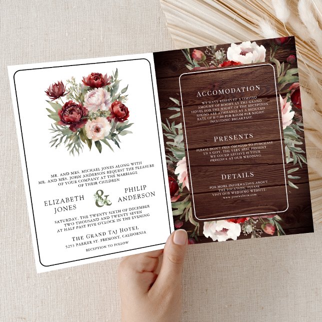 Convite Casamento Floral Rosa Bege Borgonha Rustico em Mad (Criador carregado)
