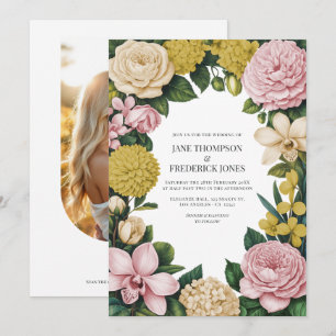 Convite Casamento Floral Rosa Bege, Champanhe e Dourado
