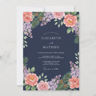 Convite Casamento Floral Rosa Bege e Azul Marinho