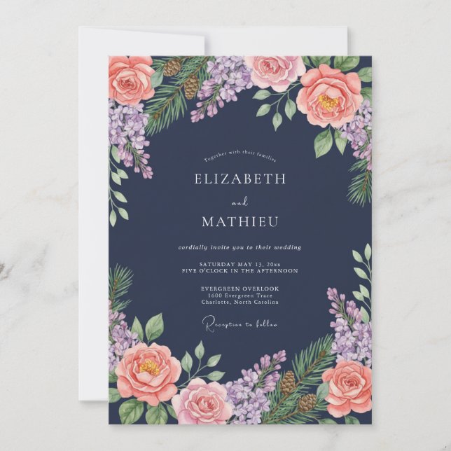Convite Casamento Floral Rosa Bege e Azul Marinho (Frente)