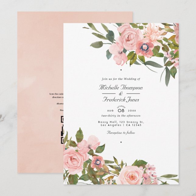 Convite Casamento Floral Rosa Bege e Dourado Rosa (Frente/Verso)