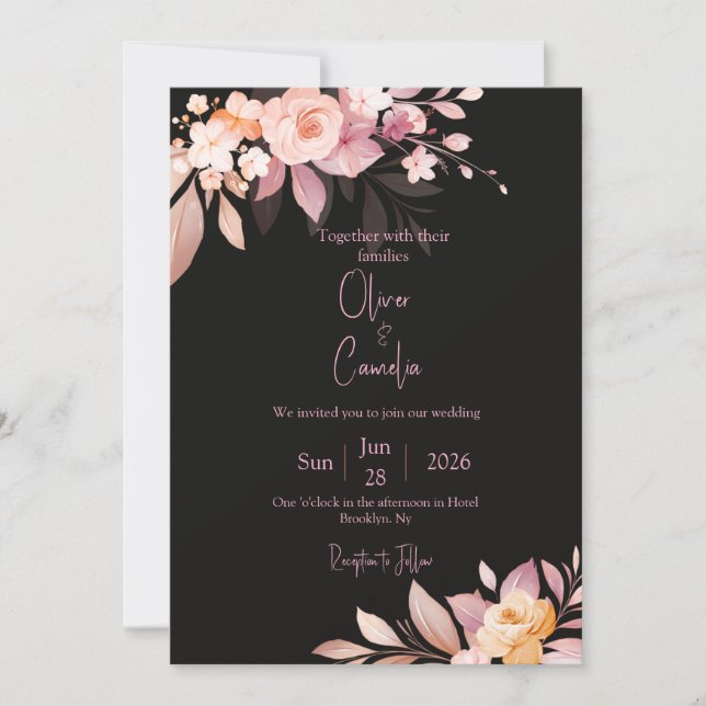 Convite Casamento Floral Rosa Bege e Preto  (Frente)