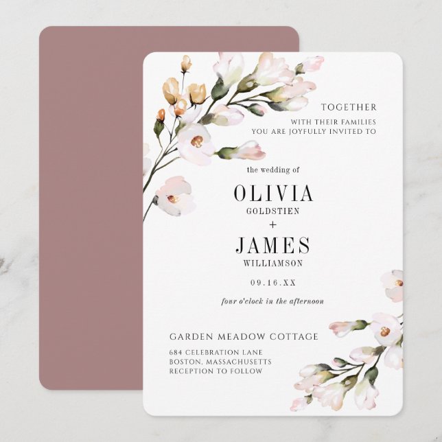 Convite Casamento Floral Rosa Bege Elegante (Frente/Verso)