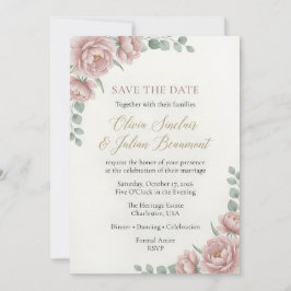 Convite Casamento Floral Rosa Bege Elegante em Aquarela