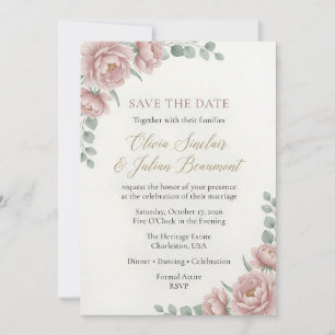 Convite Casamento Floral Rosa Bege Elegante em Aquarela