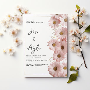 Convite Casamento floral rosa bege elegante em dourado