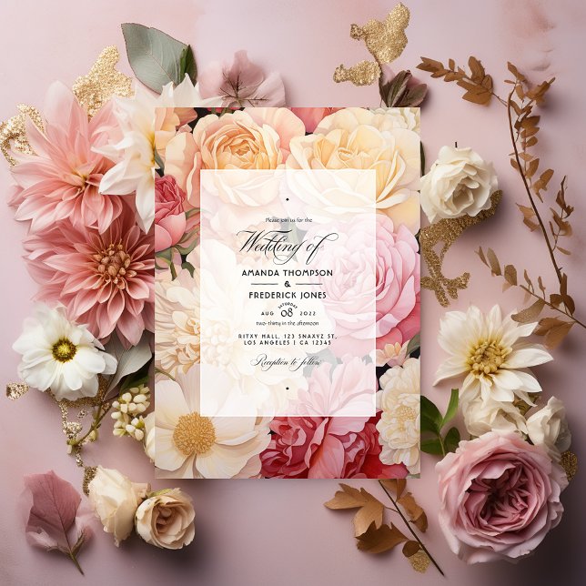 Convite Casamento Floral Rosa Bege, Marfim e Dourado (Criador carregado)
