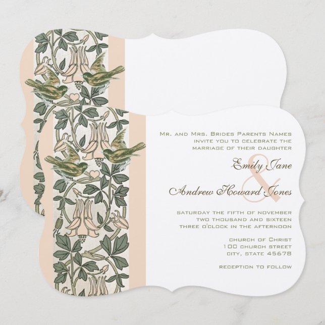 Convite Casamento Floral Rosa Bege Pássaro Vintage (Frente/Verso)