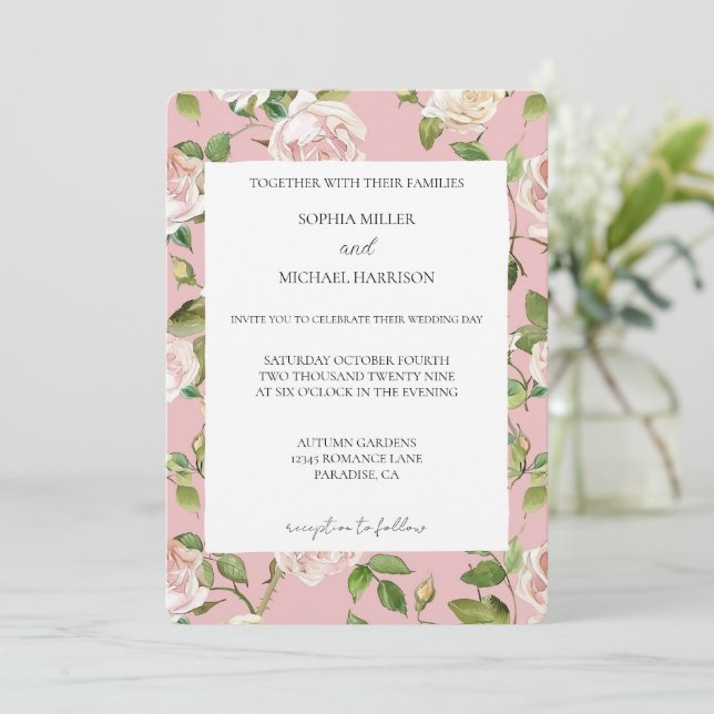Convite Casamento Floral Rosa Bege Romântico (Em pé/Frente)