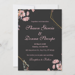 Convite Casamento Floral Rosa Bege Romântico Preto