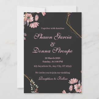 Convite Casamento Floral Rosa Bege Romântico Preto