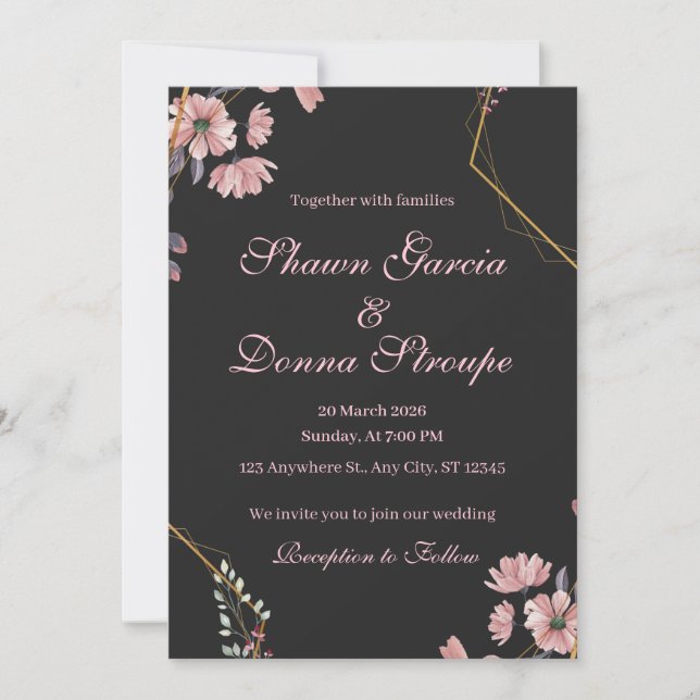 Convite Casamento Floral Rosa Bege Romântico Preto (Frente)