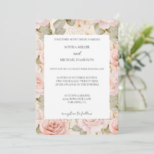 Convite Casamento Floral Rosa Bege Romântico Rosa Blush