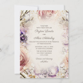Convite Casamento Floral Rosa Bege Roxo Vintage Elegante
