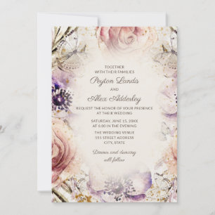 Convite Casamento Floral Rosa Bege Roxo Vintage Elegante
