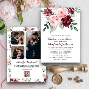 Convite Casamento Floral Rosa Bege Rústico Código QR Borgo