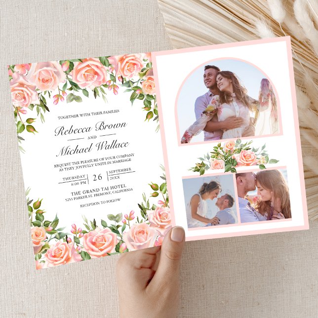 Convite Casamento Floral Rosa Bege Rústico com QR Code (Criador carregado)