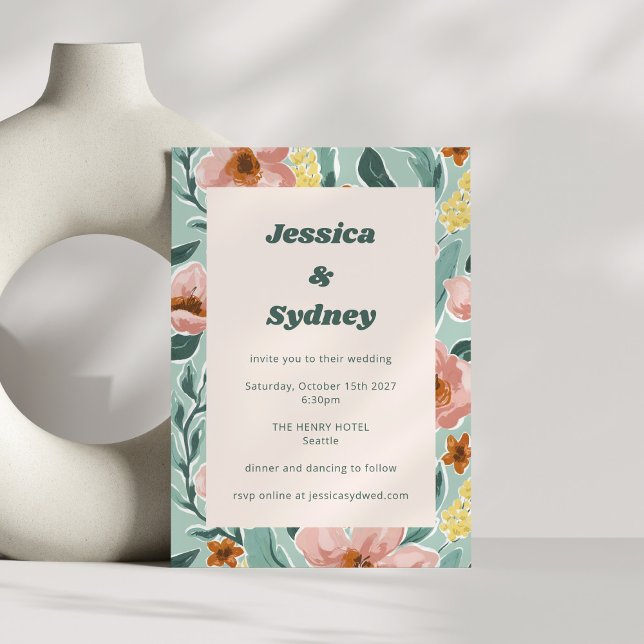 Convite Casamento Floral Rosa Bege Sage Menta Bonito (Criador carregado)