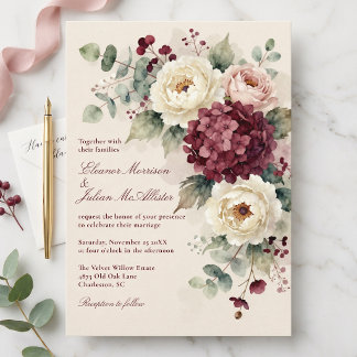 Convite Casamento Floral Rosa Beije Burgundy Aquarela