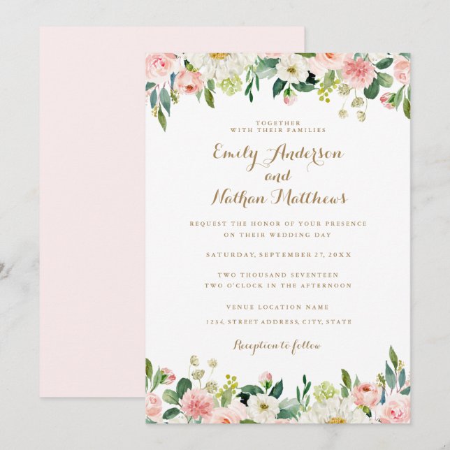 Convite Casamento Floral Rosa Beije com Aquarela (Frente/Verso)