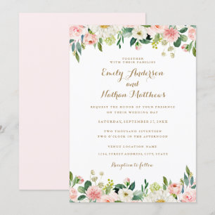 Convite Casamento Floral Rosa Beije com Aquarela