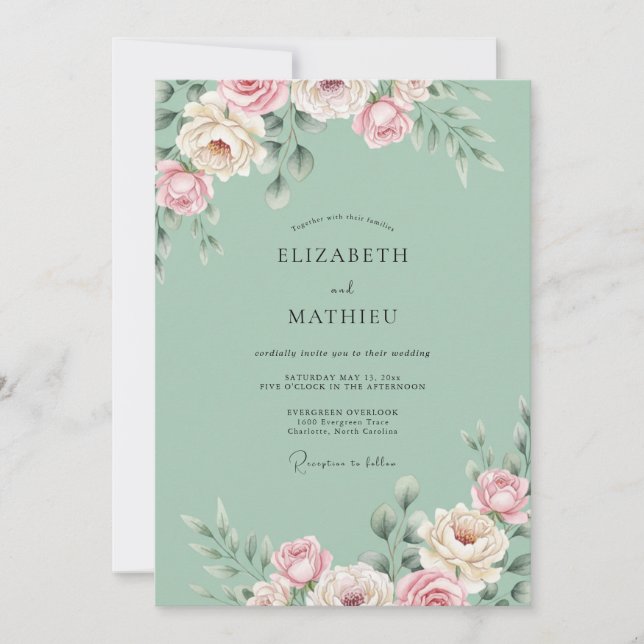 Convite Casamento Floral Rosa Beije Saibro (Frente)