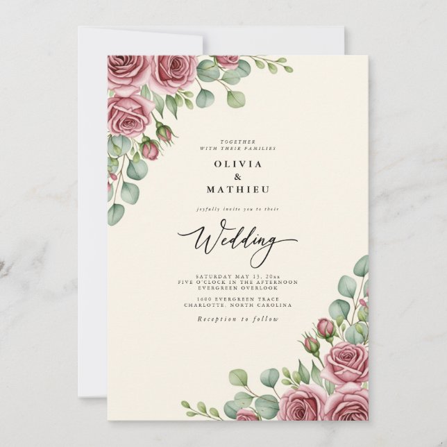 Convite Casamento Floral Rosa Beijo (Frente)