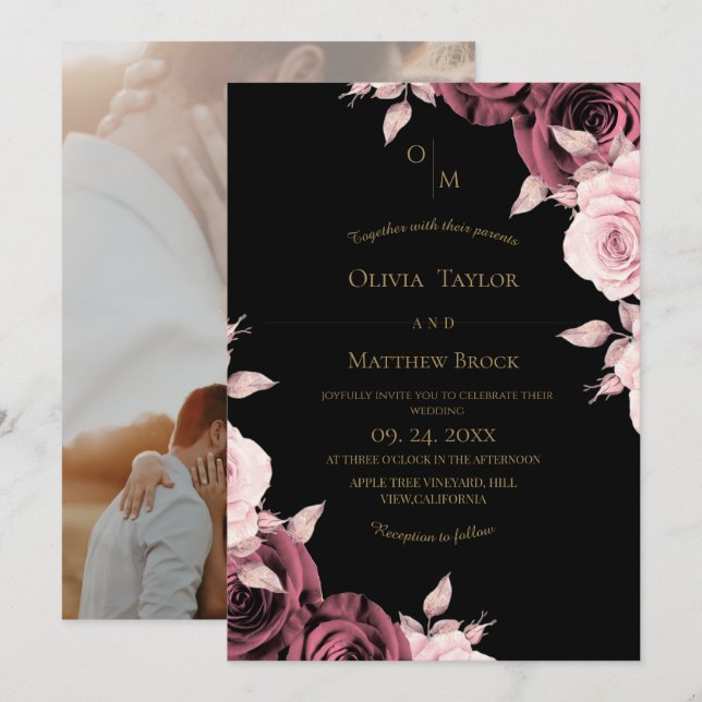 Convite Casamento Floral Rosa Blush  (Frente/Verso)