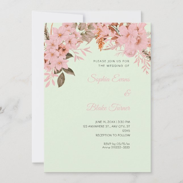 Convite Casamento Floral Rosa Boho Inverno Verde Claro (Frente)