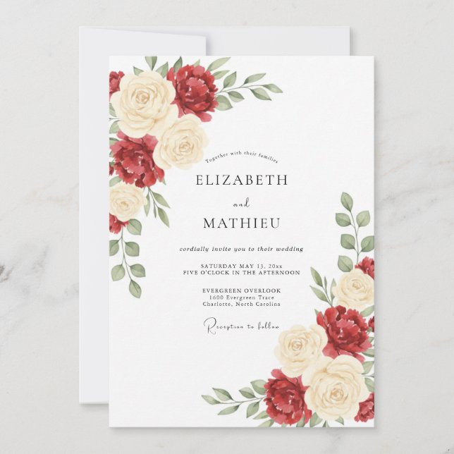 Convite Casamento Floral Rosa Borgonha (Frente)