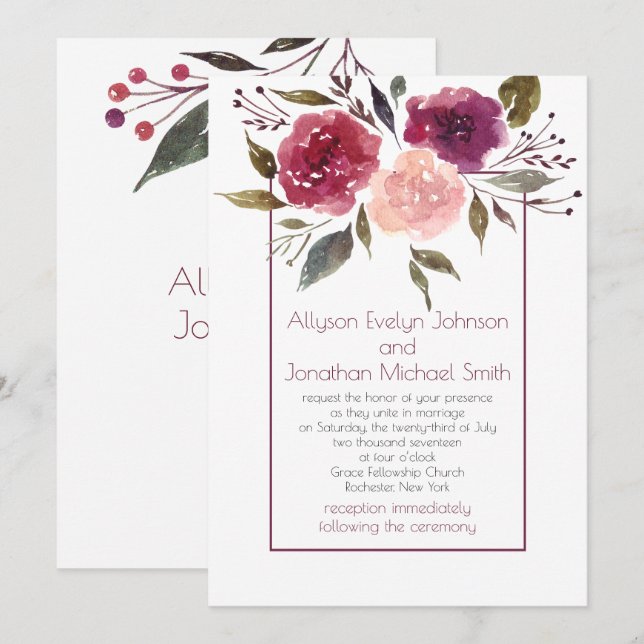 Convite Casamento Floral Rosa Borgonha Aquarela Rústica | (Frente/Verso)