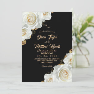 Convite Casamento Floral Rosa Branco e Dourado Preto