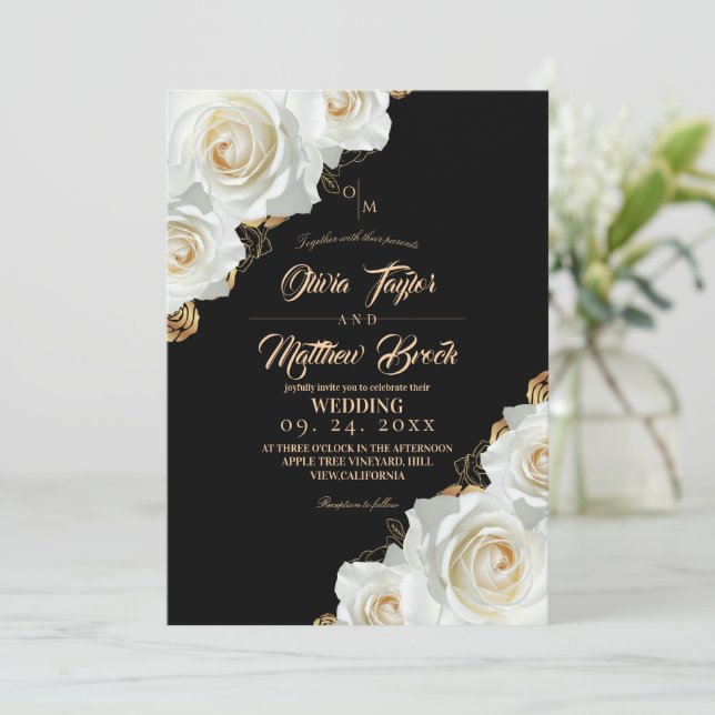 Convite Casamento Floral Rosa Branco e Dourado Preto (Em pé/Frente)