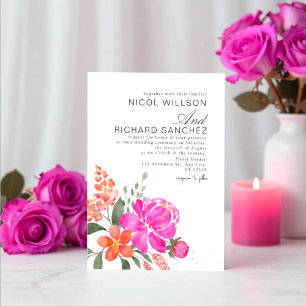 Convite Casamento Floral Rosa Brilhante e Laranja