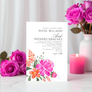 Convite Casamento Floral Rosa Brilhante e Laranja
