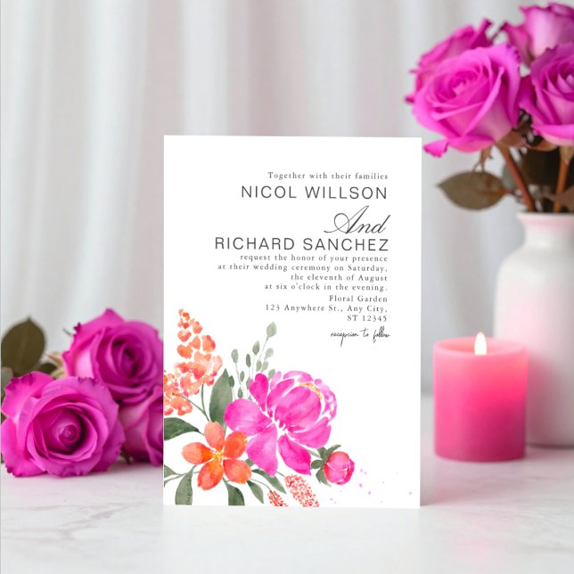 Convite Casamento Floral Rosa Brilhante e Laranja (Criador carregado)