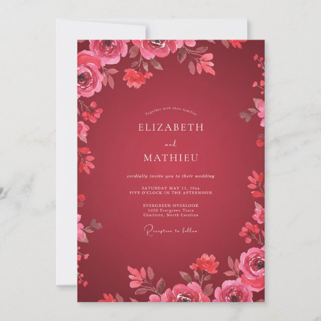 Convite Casamento Floral Rosa Carmesim (Frente)