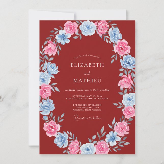 Convite Casamento Floral Rosa Carmesim Azul (Frente)