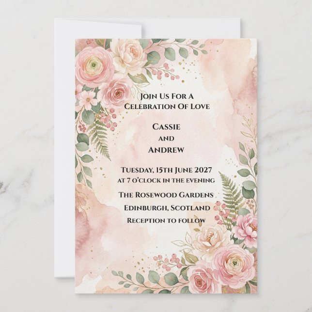 Convite Casamento Floral Rosa Choque (Frente)