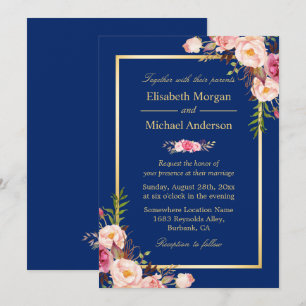 Convite Casamento Floral Rosa com Moldura Dourada Azul-Mar
