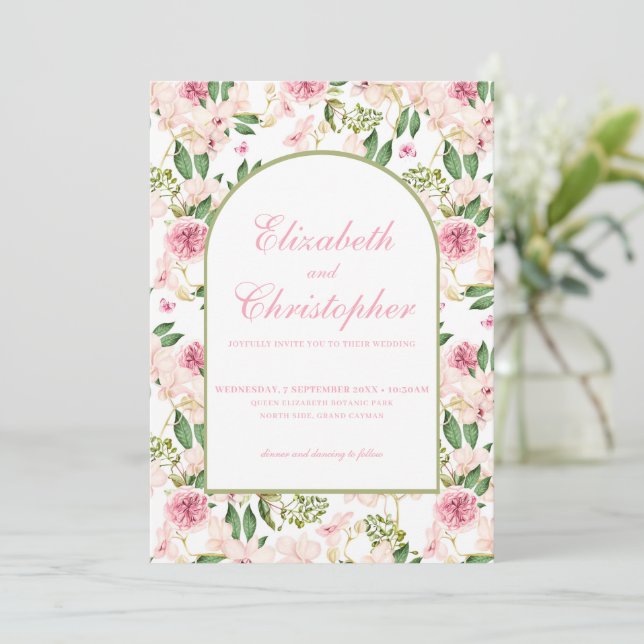 Convite Casamento Floral Rosa com Toque Romântico (Em pé/Frente)
