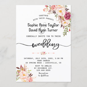 Convite Casamento Floral Rosa Cor-de-Água-Cheia