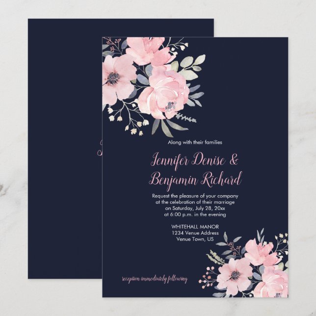 Convite Casamento Floral Rosa Corado | (Frente/Verso)