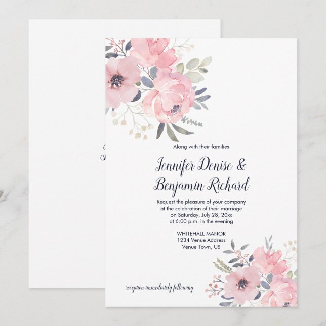Convite Casamento Floral Rosa Corado | (Frente/Verso)