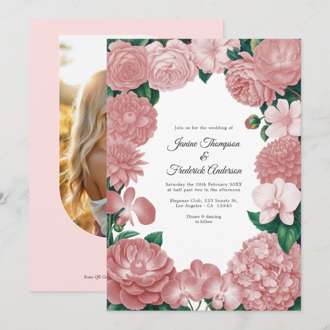 Convite Casamento Floral Rosa Corado com Foto e Código QR (Frente/Verso)