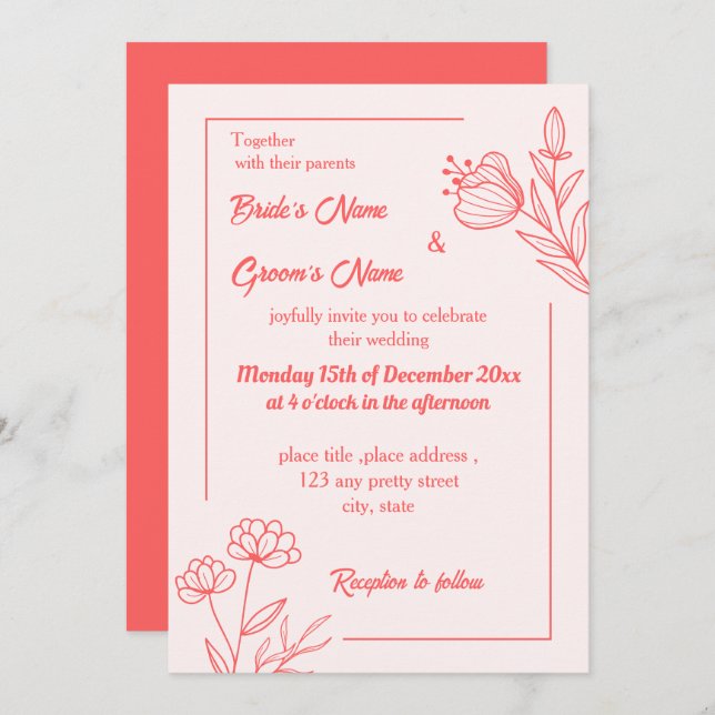 Convite Casamento floral rosa-coral elegante romântico (Frente/Verso)