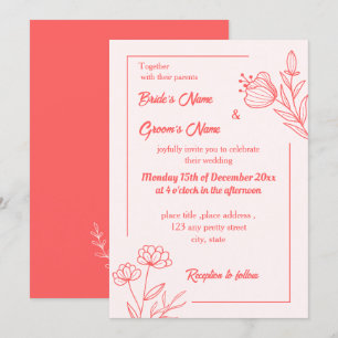 Convite Casamento floral rosa-coral elegante romântico